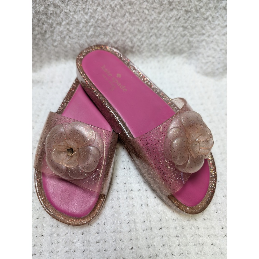 Kate Spade New York Pink Glitter Jelly Slide Sandals 3D Flower Accent Womens 8